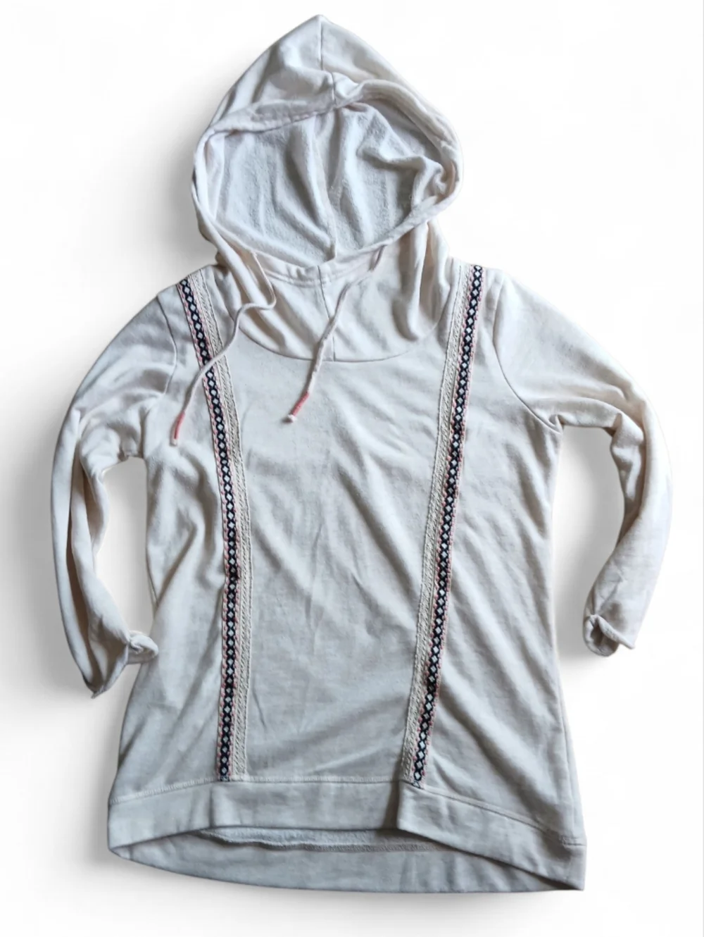 Maurices Size Large Cream Hoodie Sweater with Embroidered Stripes